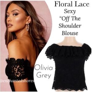 Sexy Off the Shoulder Floral Lace Bare Shoulder Navy Blue Olivia Grey Size Small